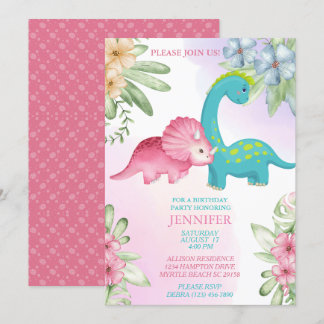 Floral Dinosaur Girls Birthday Party Invitation