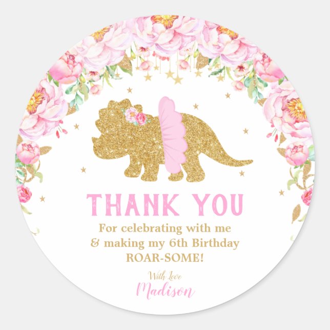 Floral Dinosaur Thank You Favour Tutu Triceratops Classic Round Sticker (Front)
