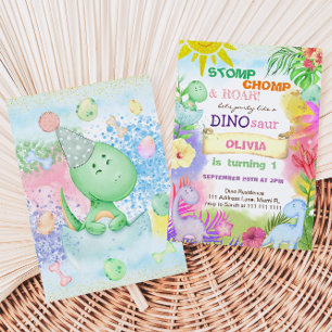 Floral Dinosaur Tropical Girl 1ST Birthday Invitation