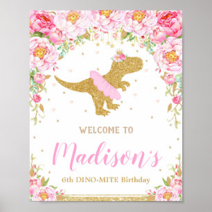 Floral Dinosaur Welcome Birthday Sign Banner T-rex
