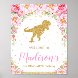 Floral Dinosaur Welcome Birthday Sign Banner T-rex