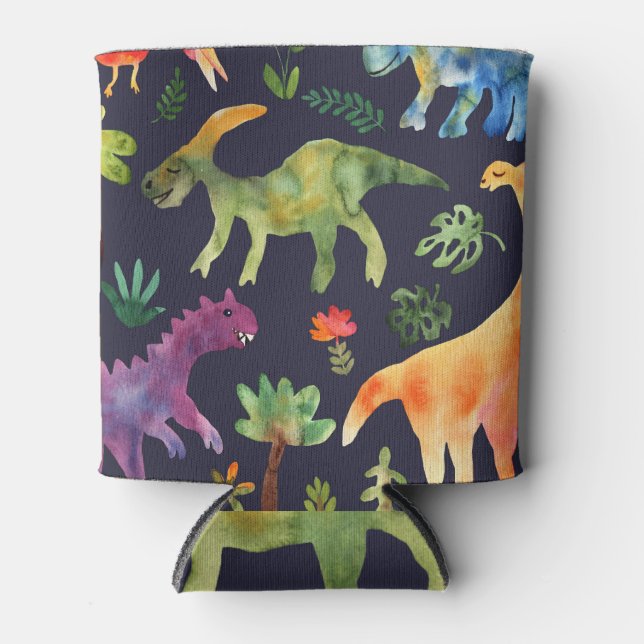 Floral Dinosaurs: Watercolor Fabric Design Can Cooler (Front)