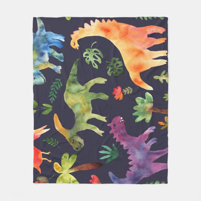 Floral Dinosaurs: Watercolor Fabric Design Fleece Blanket (Front)