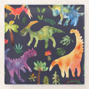 Floral Dinosaurs: Watercolor Fabric Design Glass Coaster