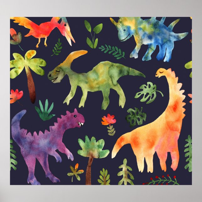 Floral Dinosaurs: Watercolor Fabric Design Poster (Front)