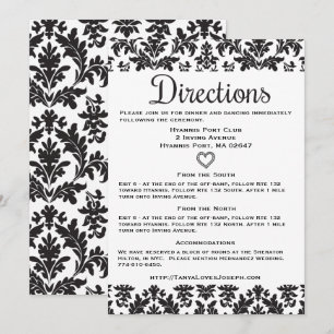 Floral Directions / Details Black And White Damask Invitation