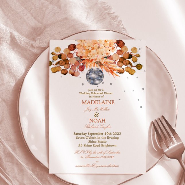 Floral Disco Ball Elegant Chic Wedding Rehearsal Invitation (Creator Uploaded)