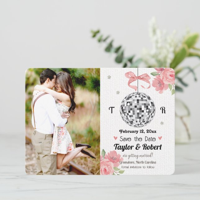 Floral Disco Ball Wedding Save the Date (Standing Front)
