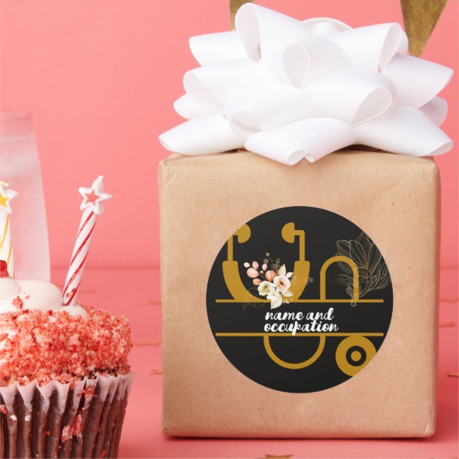 Floral doctor nurse name and occupation modern  classic round sticker (Party)