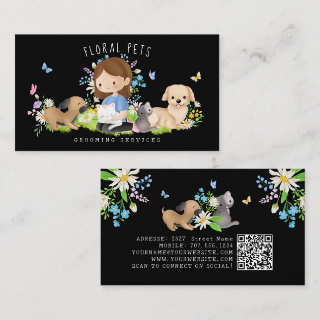 Floral Dog & Cat Pet Care Services Grooming Black Business Card (Front/Back)