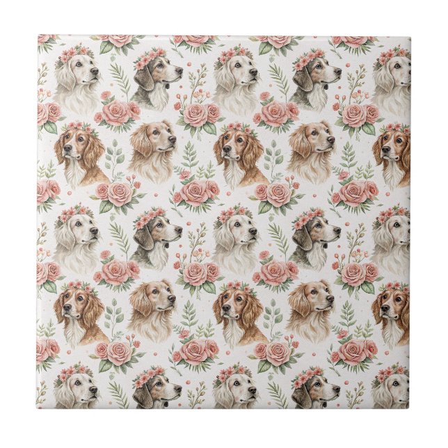Floral Dog Portrait Art - Beautiful Design Pattern Tile (Front)