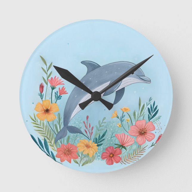 Floral Dolphin Round Clock (Front)