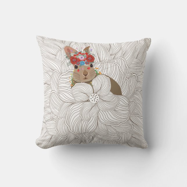 Floral Doodle Bunny Rabbit | Easter Holidays Cushion (Front)