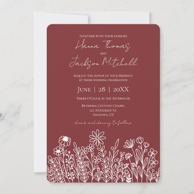 Floral Doodle Casual Rustic Wine Red Wedding Invitation (Front)