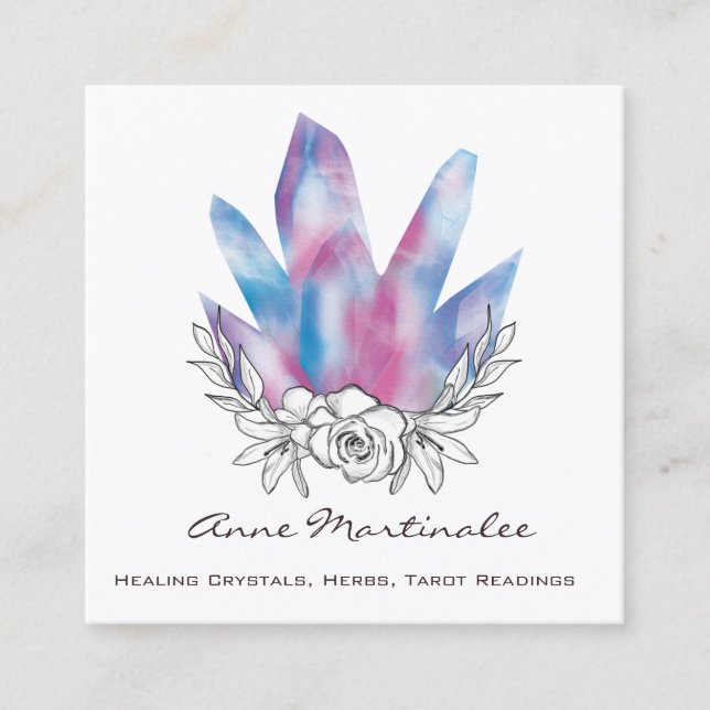 Floral Doodle Crystals Square Business Card (Front)