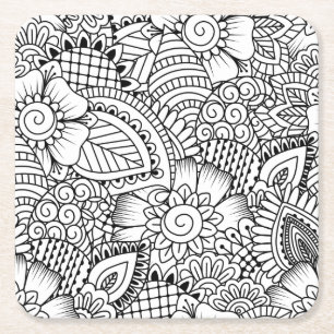Floral Doodle Pattern Square Paper Coaster