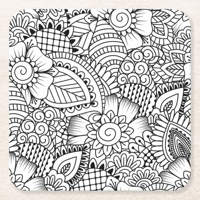 Floral Doodle Pattern Square Paper Coaster (Front)