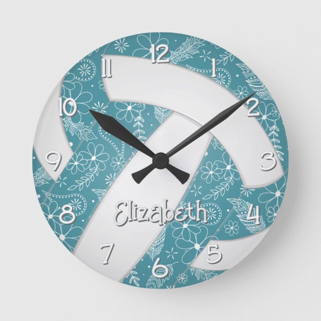 floral doodle pattern teal boho sports volleyball round clock (Front)