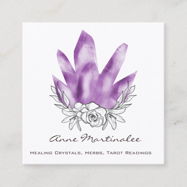 Floral Doodle Purple Crystals Square Business Card (Front)