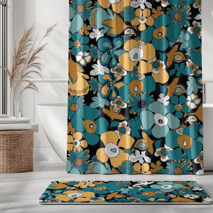 Floral Doodles Aqua Teal Mustard Black White Shower Curtain