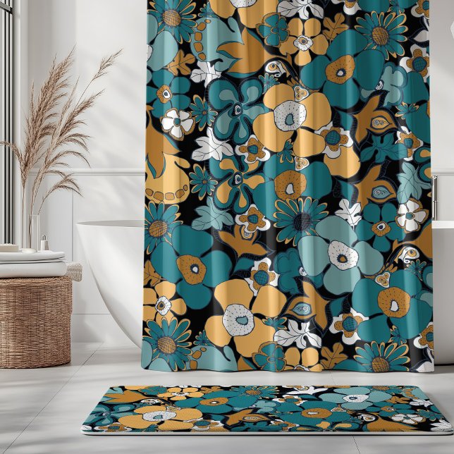 Floral Doodles Aqua Teal Mustard Black White Shower Curtain (Creator Uploaded)
