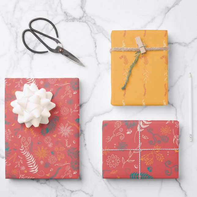 Floral doodles in orange and red wrapping paper sheet (Front)