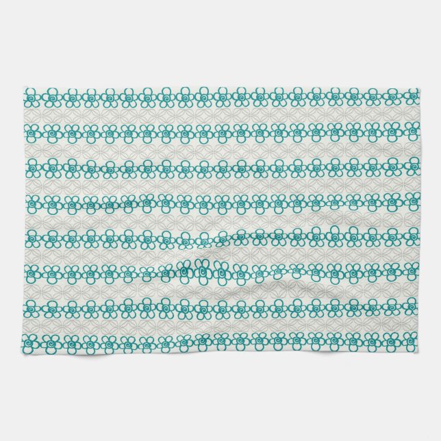 Floral Doodles in Turquoise and Grey Pattern Tea Towel (Horizontal)