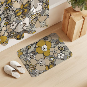 Floral Doodles Mustard Beige Taupe Grey Black Bath Mat