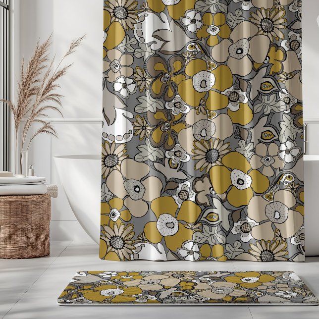 Floral Doodles Mustard Beige Taupe Grey Black   Shower Curtain (Creator Uploaded)