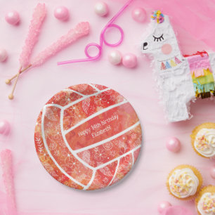 Floral doodles red orange volleyball paper plate