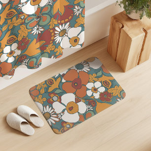 Floral Doodles Teal Sage Terracotta Orange Bath Mat