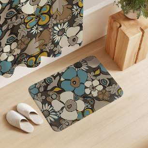 Floral Doodles Turkish Blue Umber Brown Mustard Bath Mat