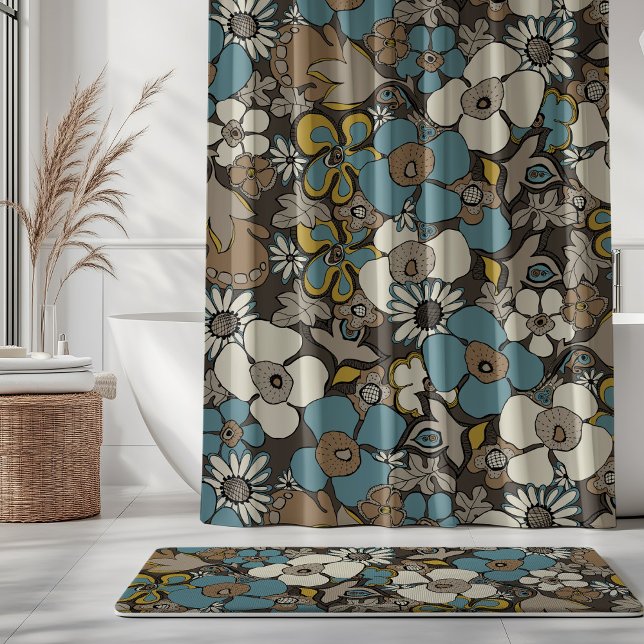 Floral Doodles Turkish Blue Umber Brown Mustard  Shower Curtain (Creator Uploaded)