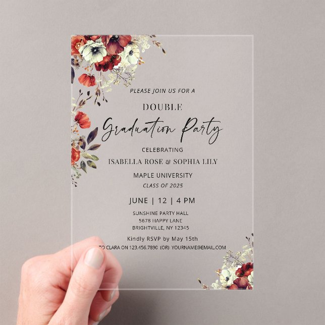 Floral Double Graduation Party Twin Graduation Acrylic Invitations (Insitu (Handheld))