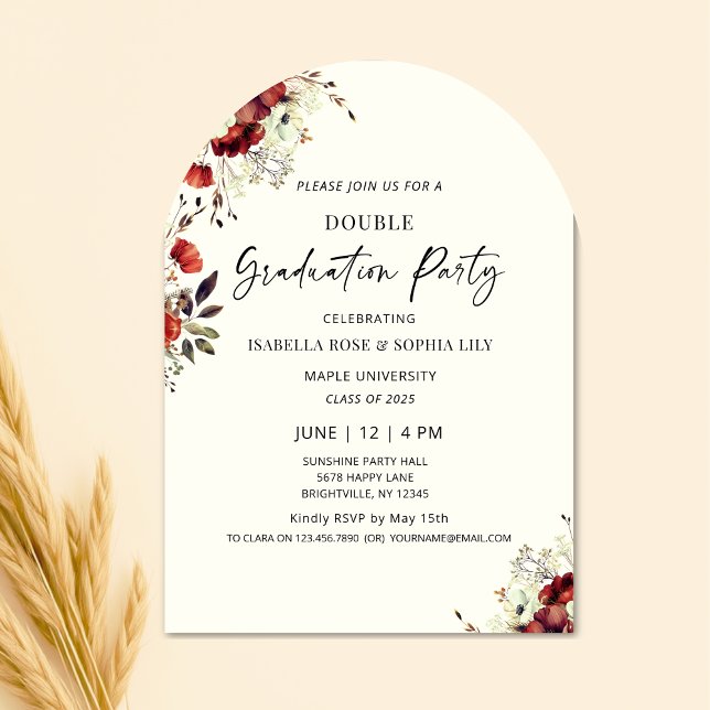 Floral Double Graduation Party Twin Graduation Invitation (arch graduation invitations, floral graduation invitations, floral graduation party invitations, hig)