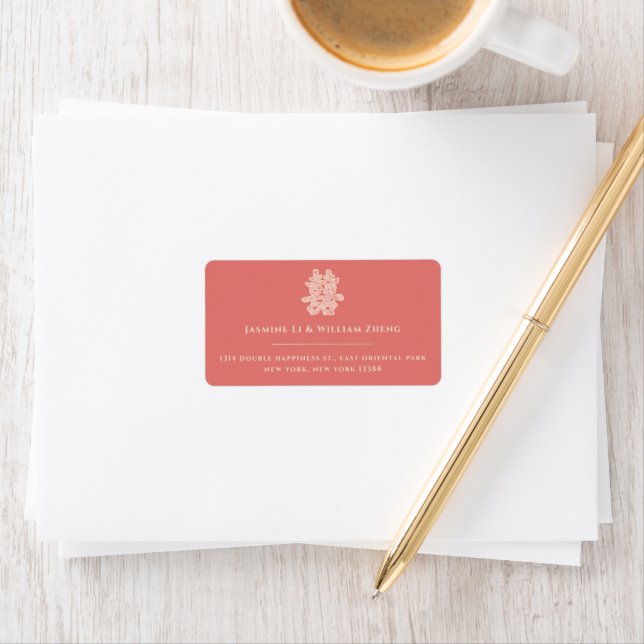 Floral Double Happiness Chinese Wedding Address Label (Insitu)