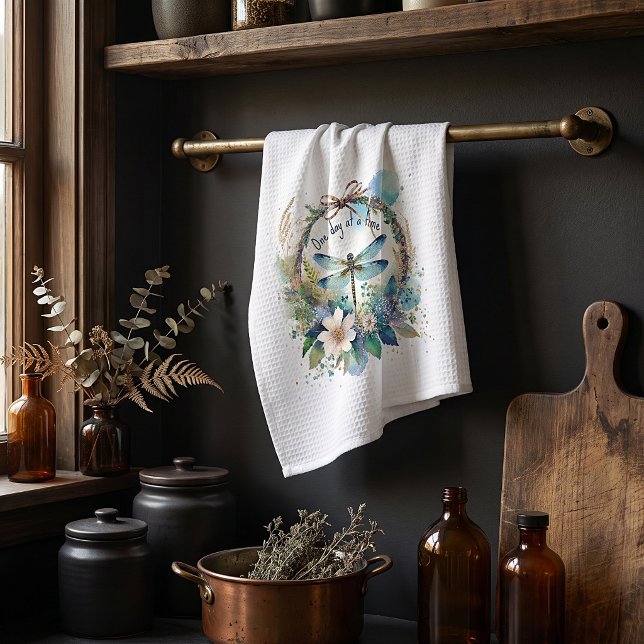 Floral dragonfly One day at a time Tea Towel (Creator Uploaded)