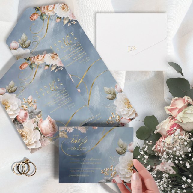 Floral Drama Wedding Blue ID1022 All In One Invitation (Creator Uploaded)