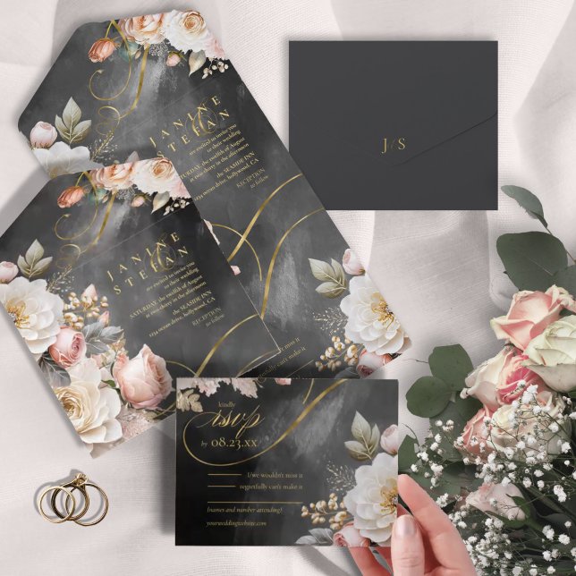 Floral Drama Wedding Charcoal ID1022 All In One Invitation (Creator Uploaded)