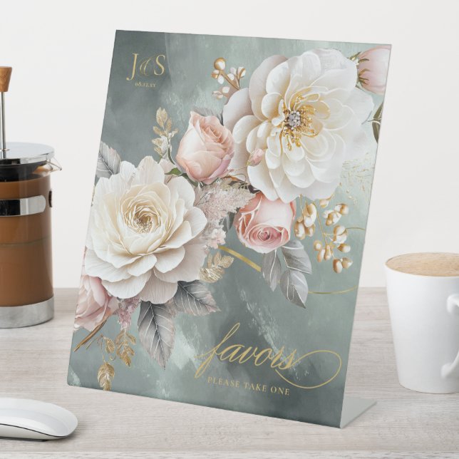 Floral Drama Wedding Favours Green ID1022 Pedestal Sign (In SItu)