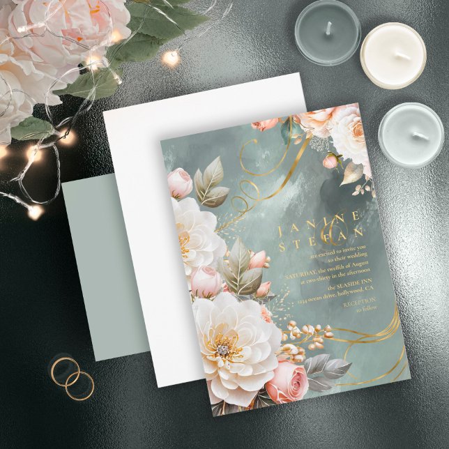 Floral Drama Wedding Green ID1022 Invitation (Creator Uploaded)