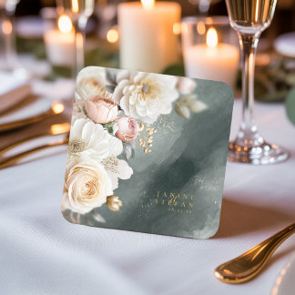 Floral Drama Wedding Green ID1022 Square Paper Coaster