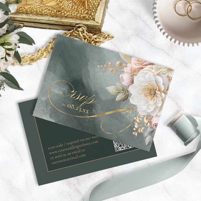 Floral Drama Wedding QR Code Green ID1022 RSVP Card (Creator Uploaded)
