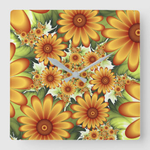 Floral Dream, Modern Abstract Flower Fractal Art Square Wall Clock