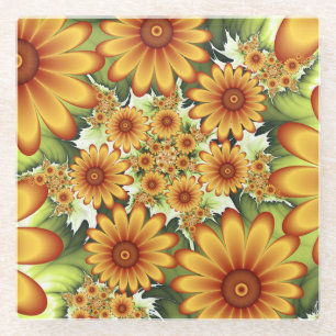 Floral Dream, Modern Abstract Flowers Fractal Art Glass Coaster