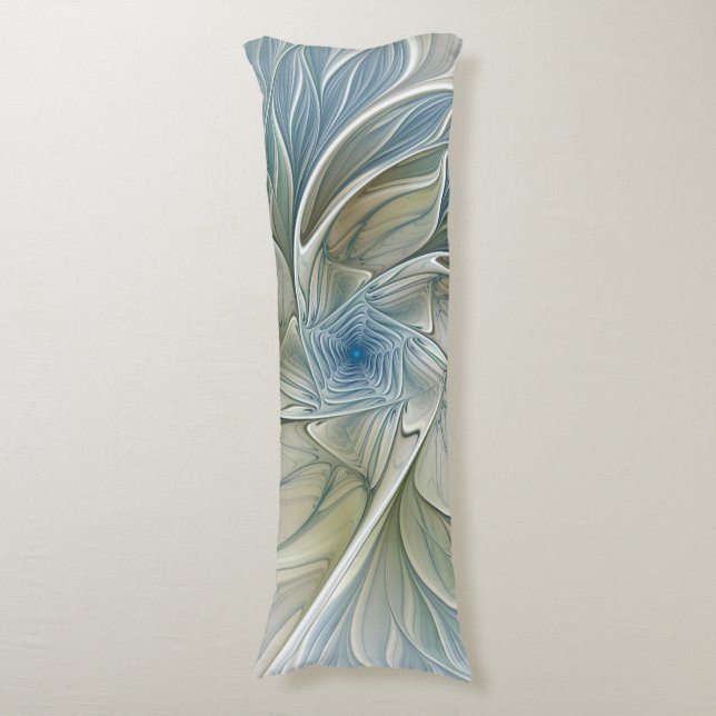 Floral Dream Pattern Abstract Blue Khaki Fractal Body Cushion (Front Vertical)