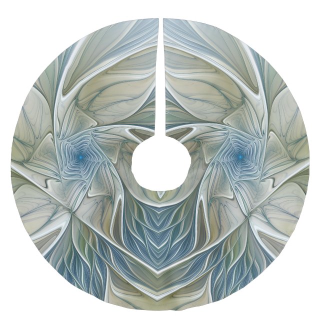 Floral Dream Pattern Abstract Blue Khaki Fractal Brushed Polyester Tree Skirt (Front)