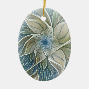 Floral Dream Pattern Abstract Blue Khaki Fractal Ceramic Tree Decoration