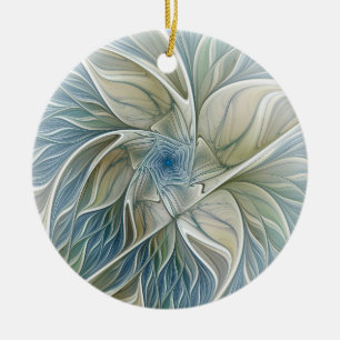 Floral Dream Pattern Abstract Blue Khaki Fractal Ceramic Tree Decoration