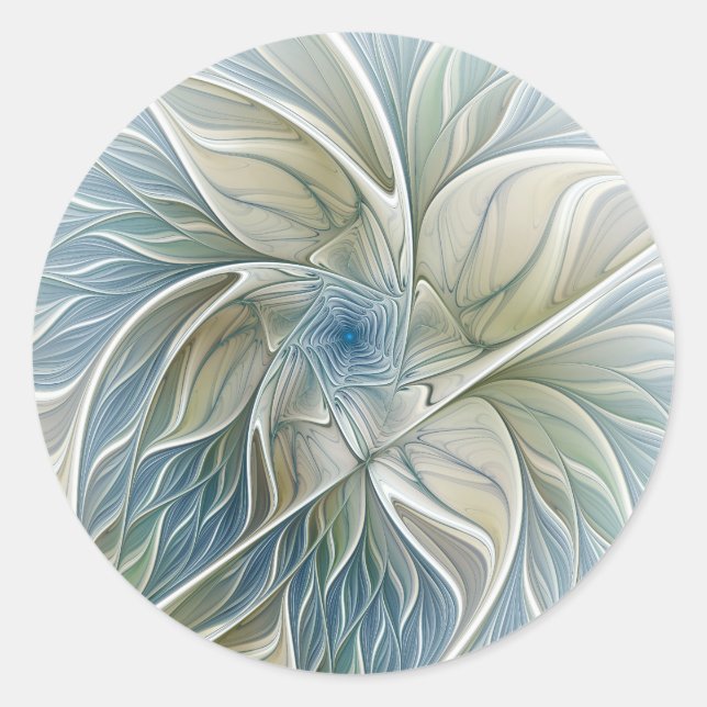 Floral Dream Pattern Abstract Blue Khaki Fractal Classic Round Sticker (Front)